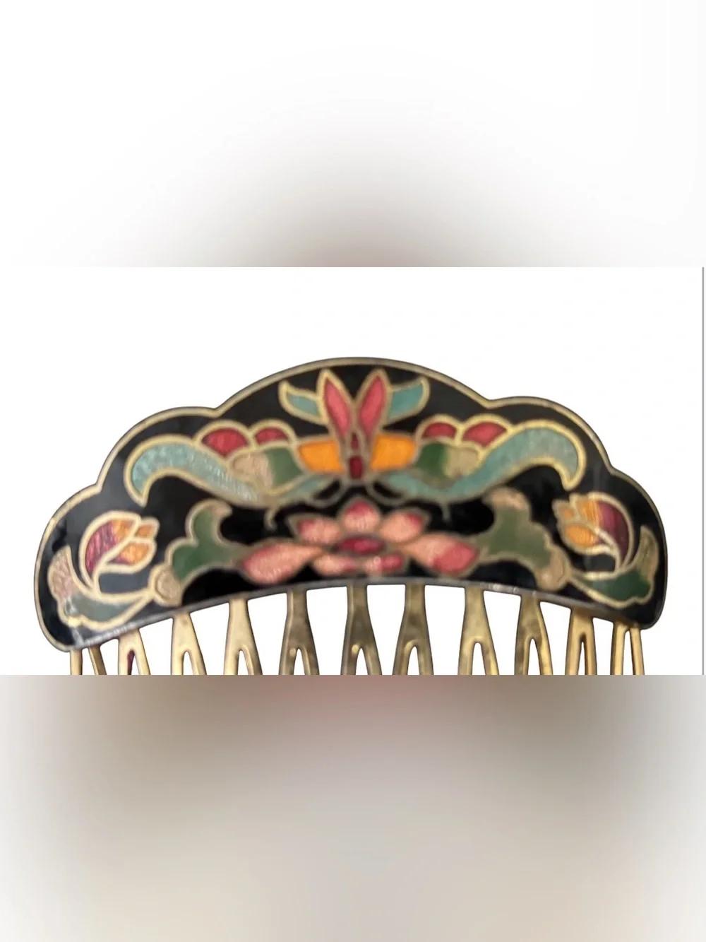 Vintage Floral Enamel Hair Comb - Multicolor Gold-Tone